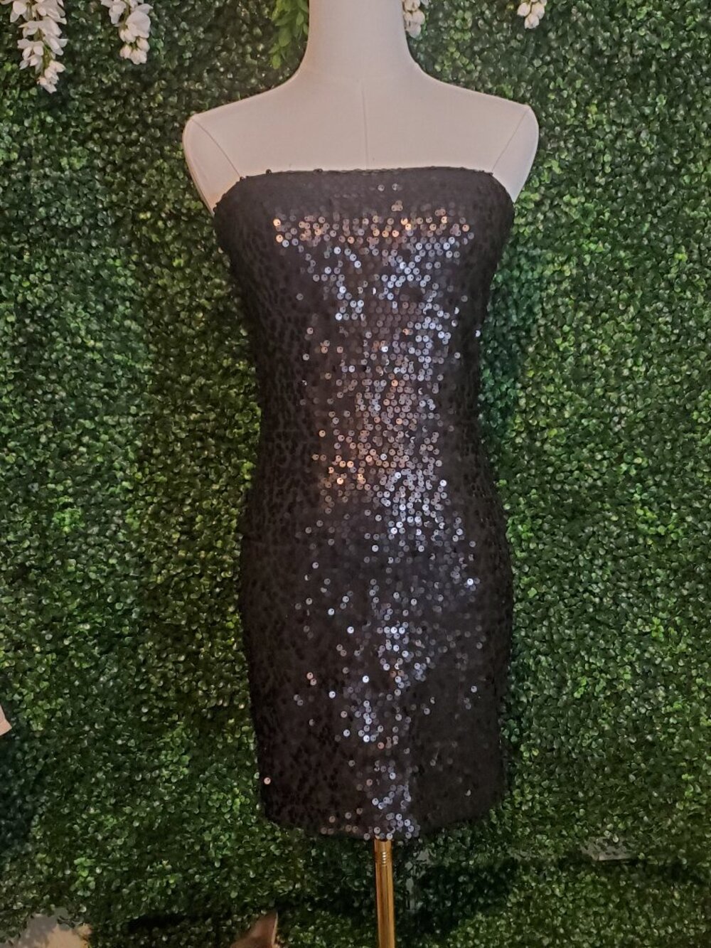 Forever 21 Black Sequin Strapless Tube Mini Dress Bodycon Party NYE Size S
